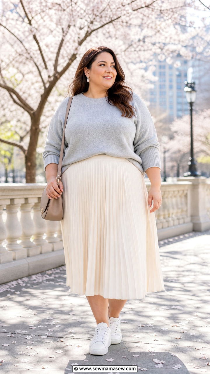 Plus Size Midi Skirt And Sweater With Sneakers - 20 plus size outfit ideas with sneakers