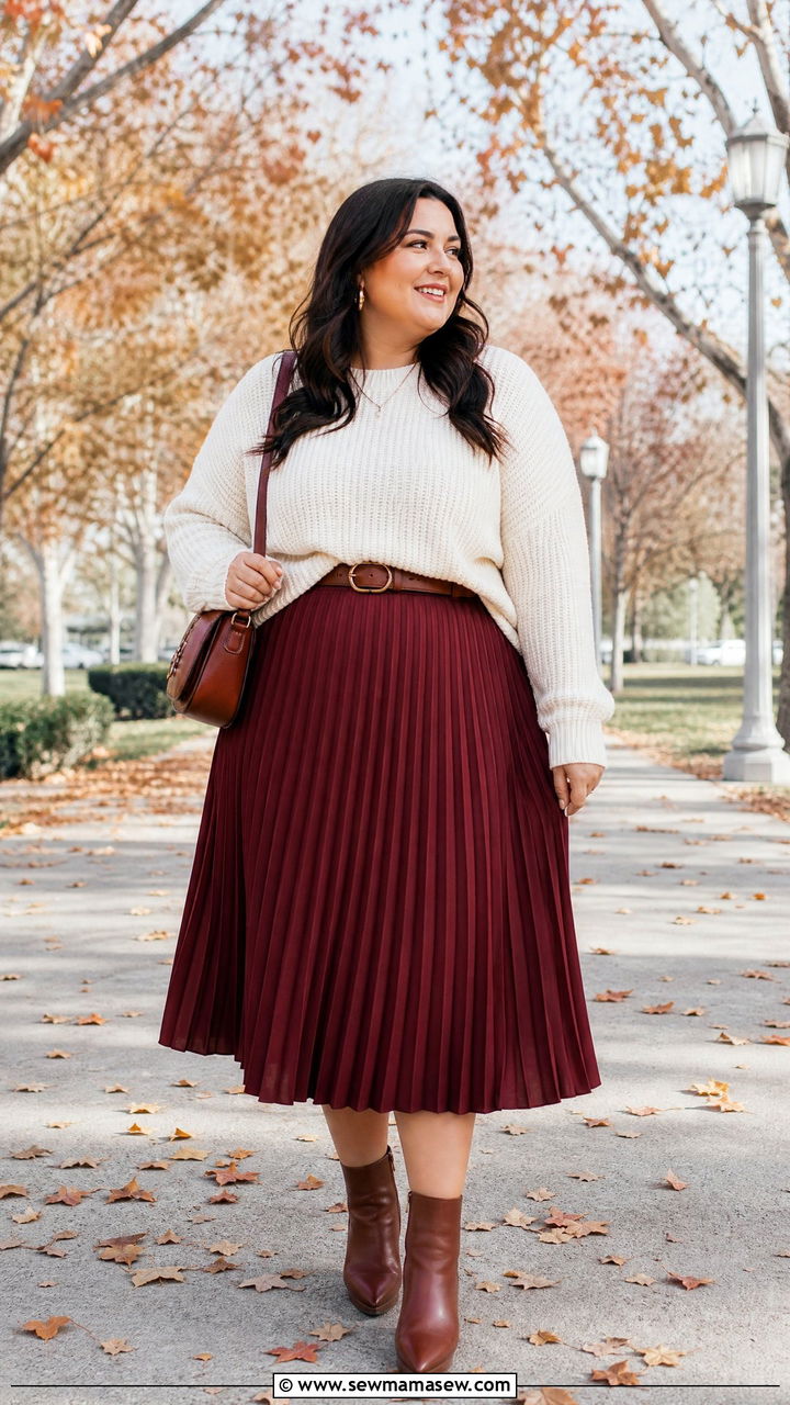 Plus Size Midi Skirt With Chunky Sweater - 20 plus size cozy fall outfits