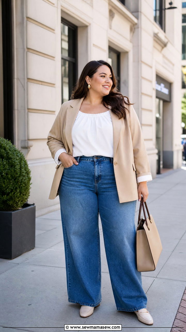 Plus Size Milkmaid Blouse With Blazer And Jeans - 20 plus size milkmaid blouse outfit ideas