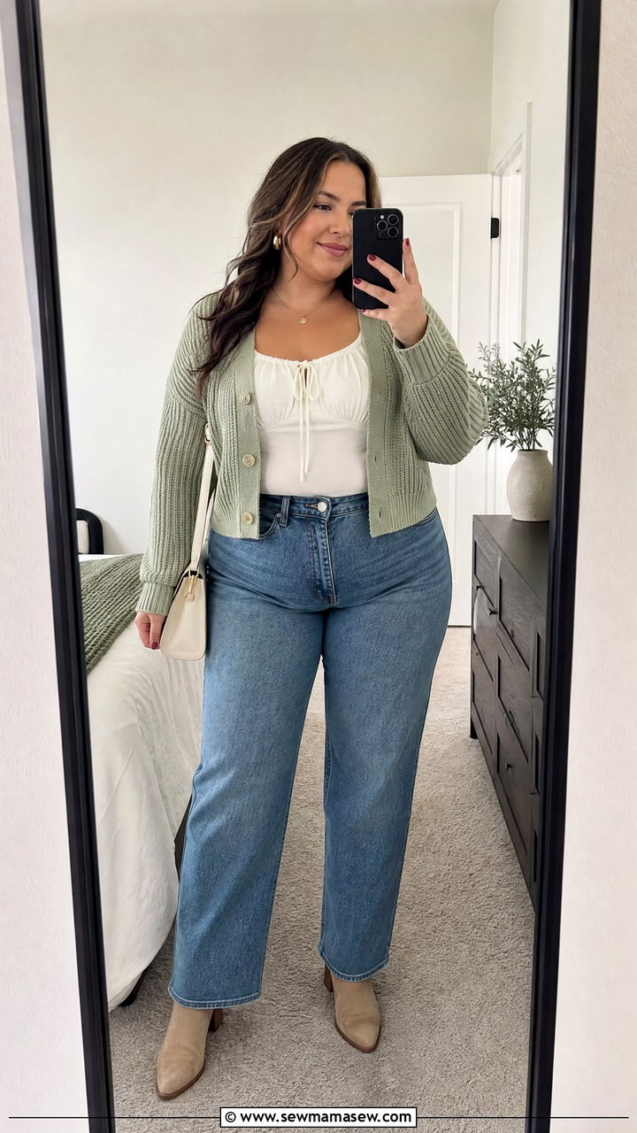Plus Size Milkmaid Blouse With Cardigan And Jeans - 20 plus size milkmaid blouse outfit ideas