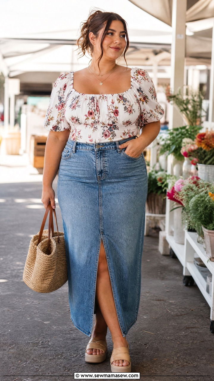Plus Size Milkmaid Blouse With Denim Maxi Skirt - 20 plus size milkmaid blouse outfit ideas
