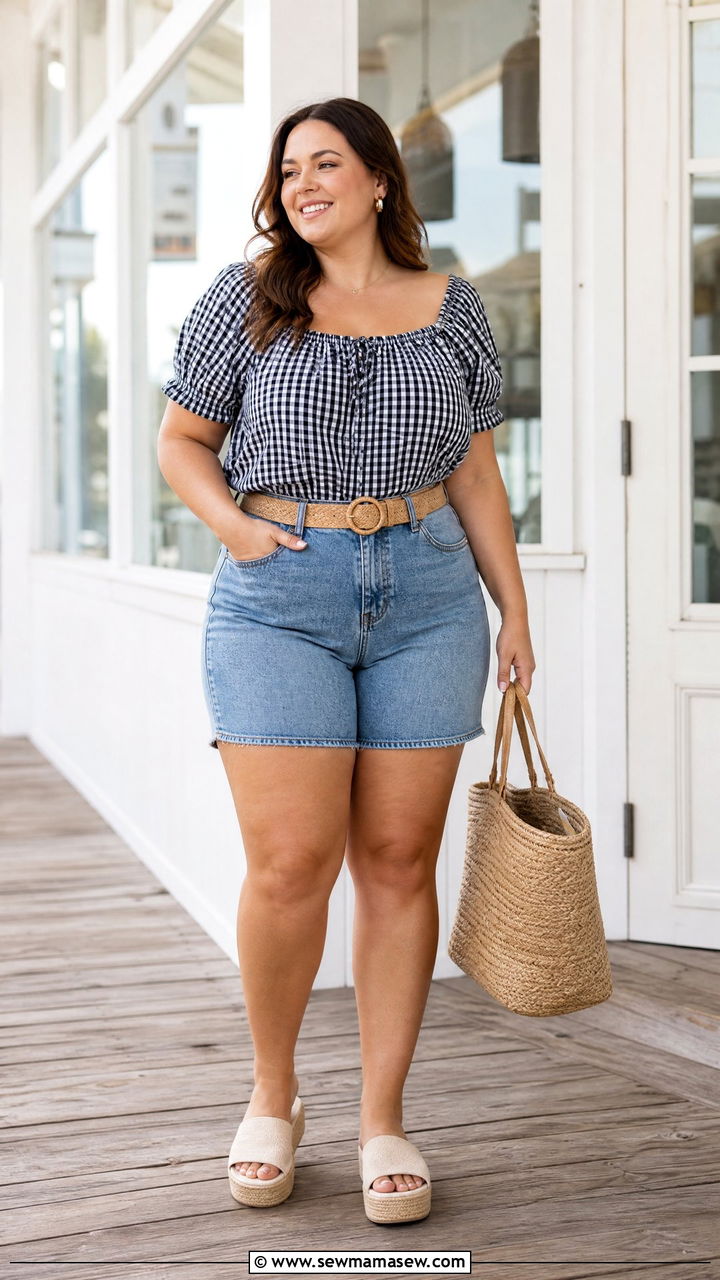 Plus Size Milkmaid Blouse With High Waisted Shorts - 20 plus size milkmaid blouse outfit ideas
