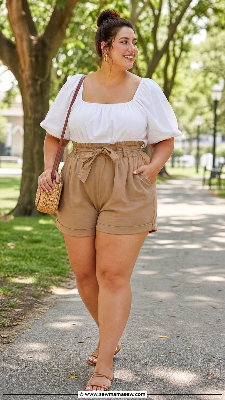 Plus Size Milkmaid Blouse With Paperbag Shorts - 20 plus size milkmaid blouse outfit ideas