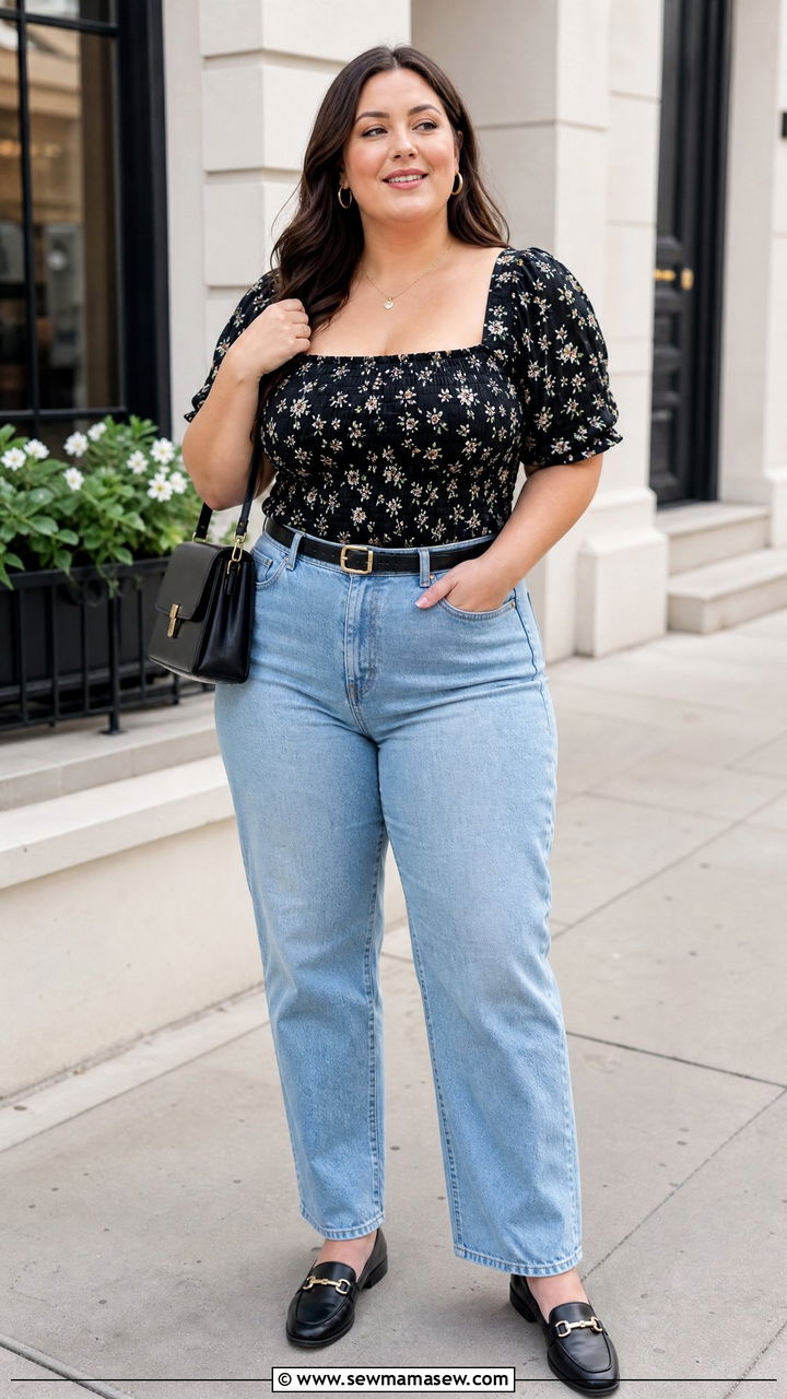 Plus Size Milkmaid Blouse With Straight Leg Jeans - 20 plus size milkmaid blouse outfit ideas