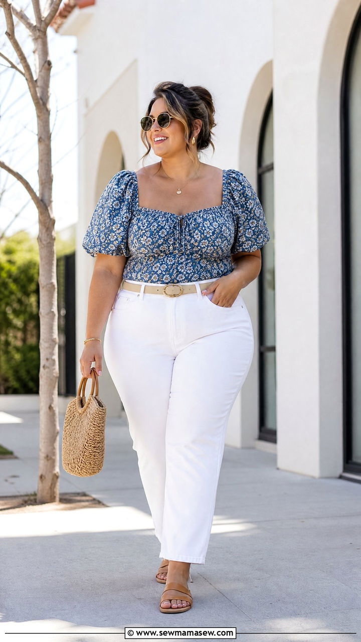 Plus Size Milkmaid Blouse With White Jeans - 20 plus size milkmaid blouse outfit ideas