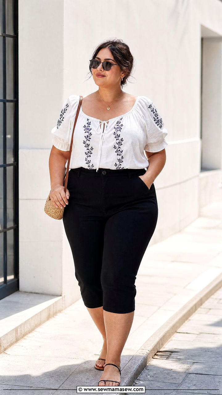 Plus Size Milkmaid Top With Capri Pants - 20 plus size milkmaid top outfit ideas