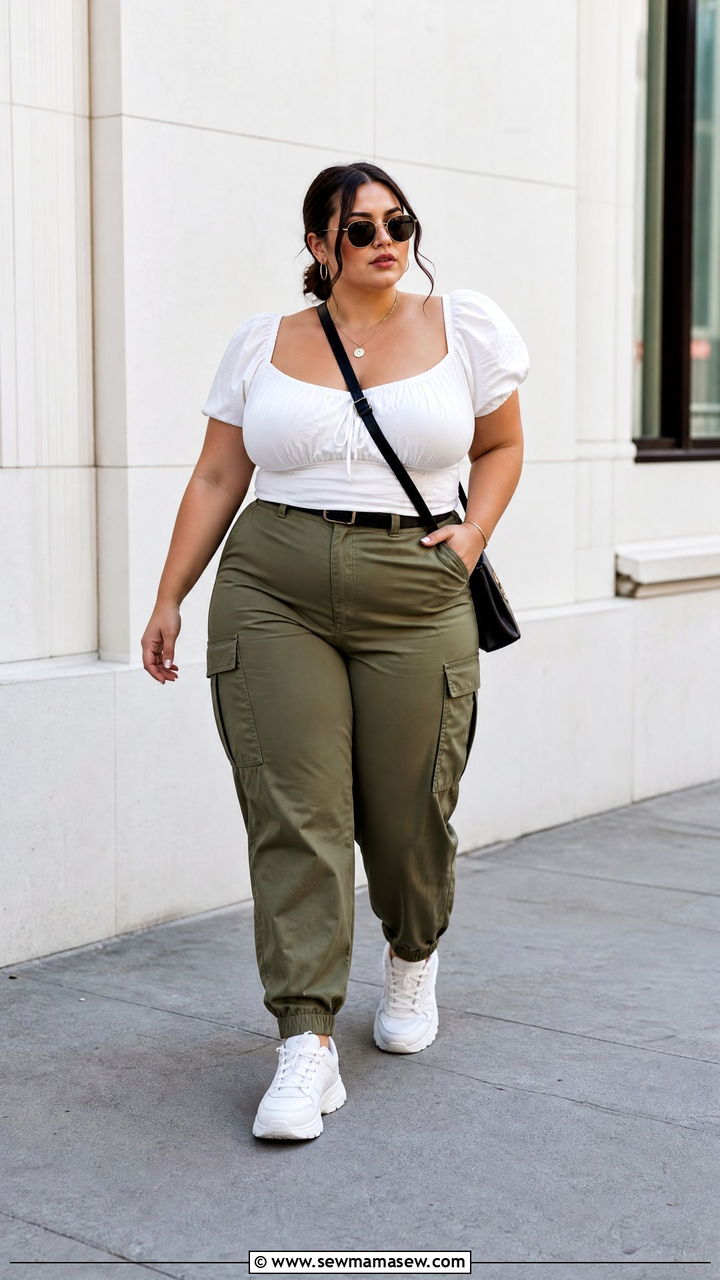 Plus Size Milkmaid Top With Cargo Pants - 20 plus size milkmaid top outfit ideas