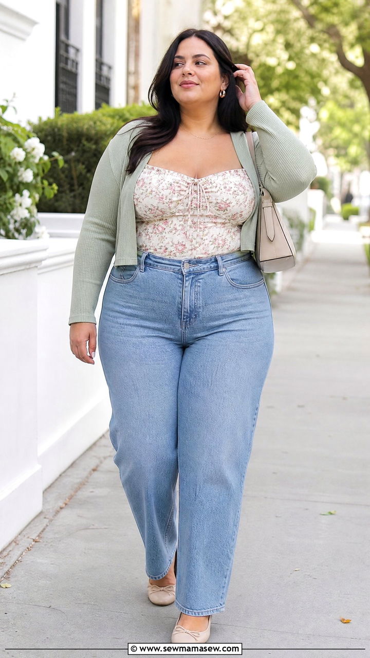 Plus Size Milkmaid Top With Cropped Cardigan And Jeans - 20 plus size milkmaid top outfit ideas