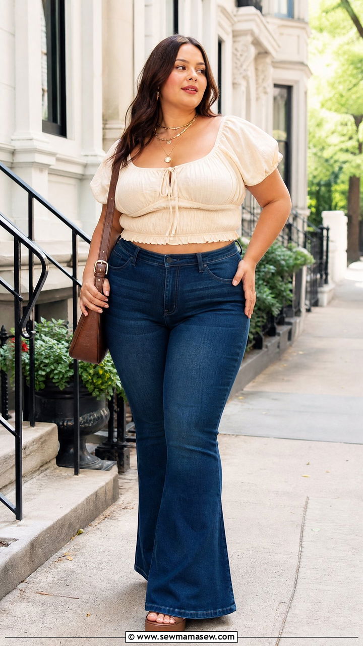 Plus Size Milkmaid Top With Flare Jeans - 20 plus size milkmaid top outfit ideas