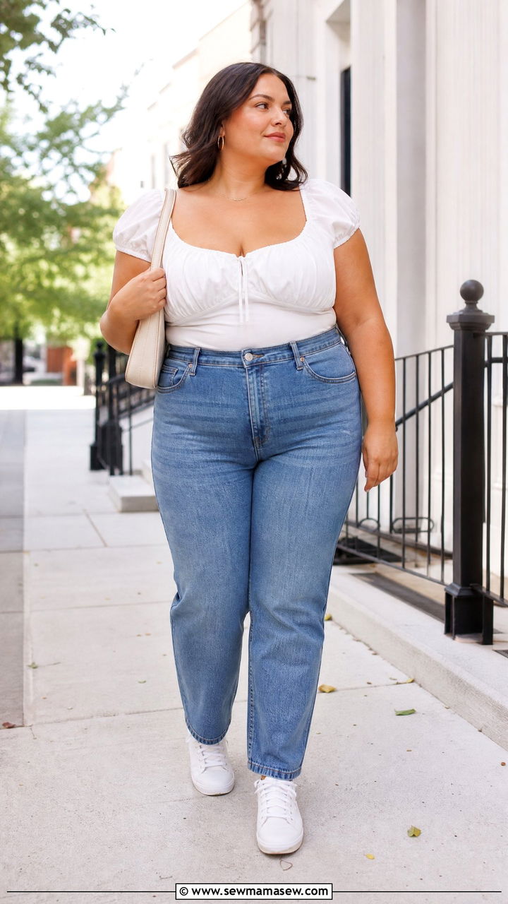 Plus Size Milkmaid Top With High Waisted Jeans - 20 plus size milkmaid top outfit ideas
