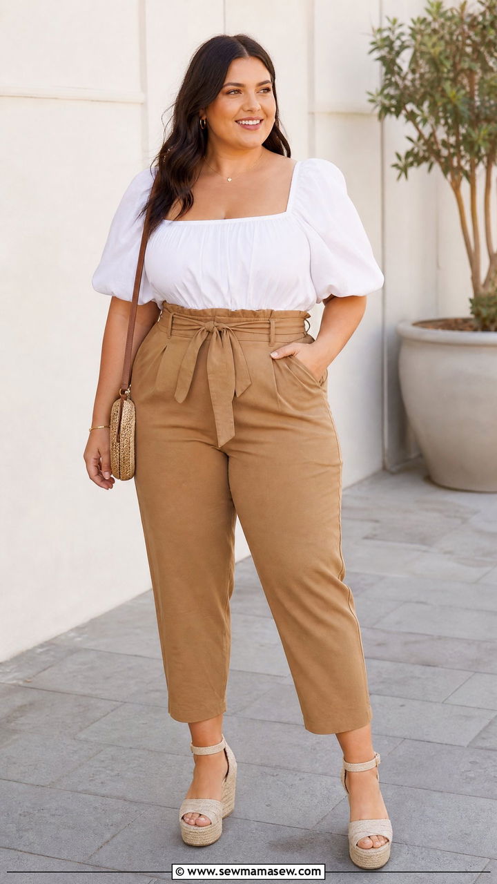 Plus Size Milkmaid Top With Paperbag Pants - 20 plus size milkmaid top outfit ideas