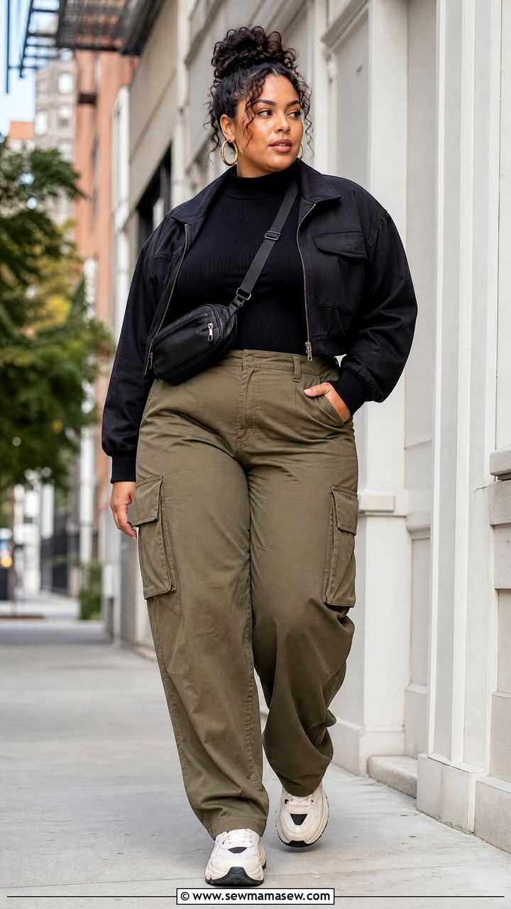 Plus Size Mock Neck Sweater With Cargo Pants - 20 plus size sweater weather outfit ideas