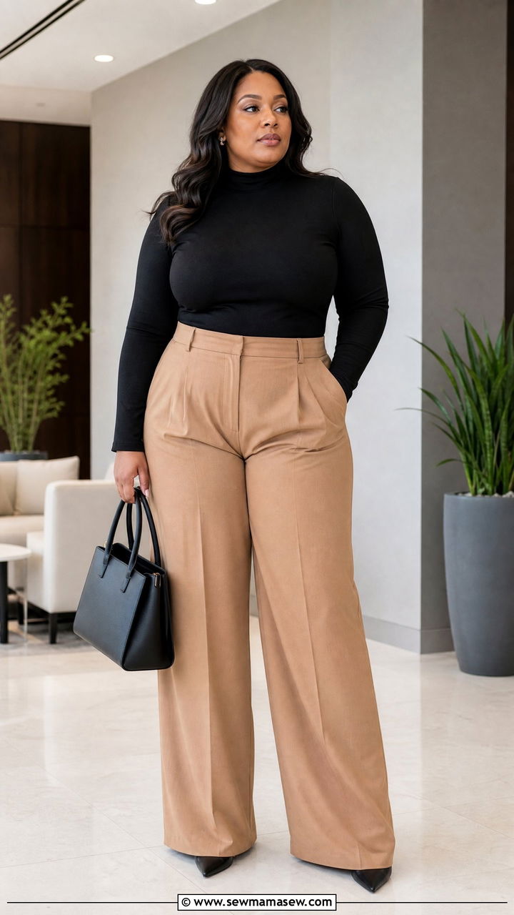 Plus Size Mock Neck Top With Wide Leg Pants - 20 plus size work top outfit ideas