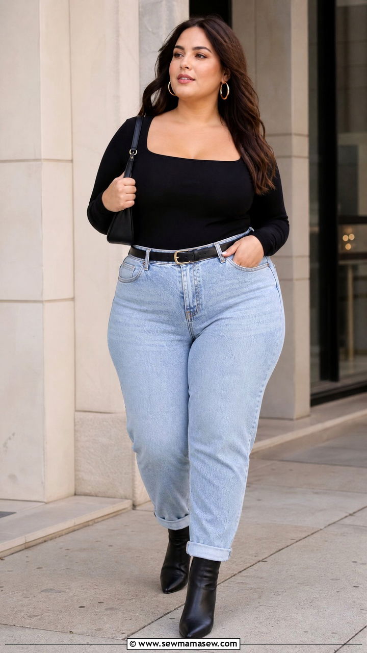 Plus Size Mom Jeans With Black Bodysuit - 20 plus size mom jeans outfit ideas
