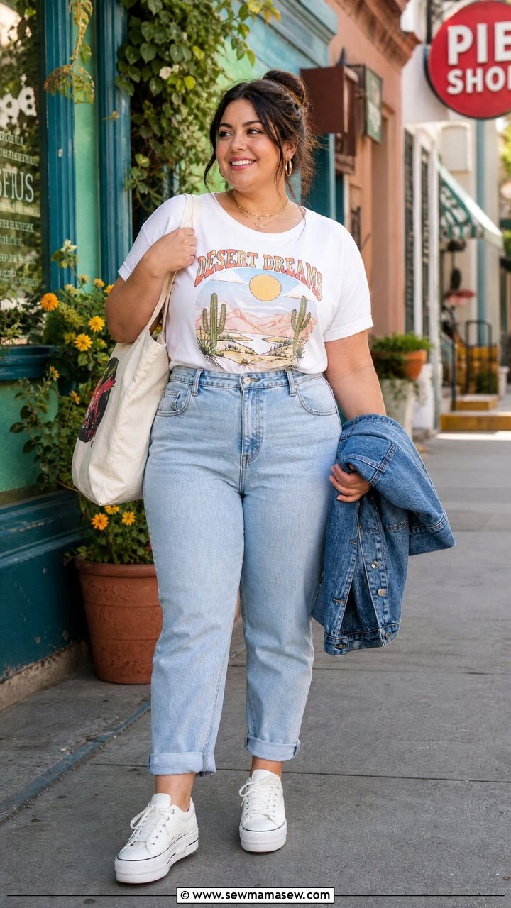 Plus Size Mom Jeans With Graphic Tee - 20 plus size mom jeans outfit ideas