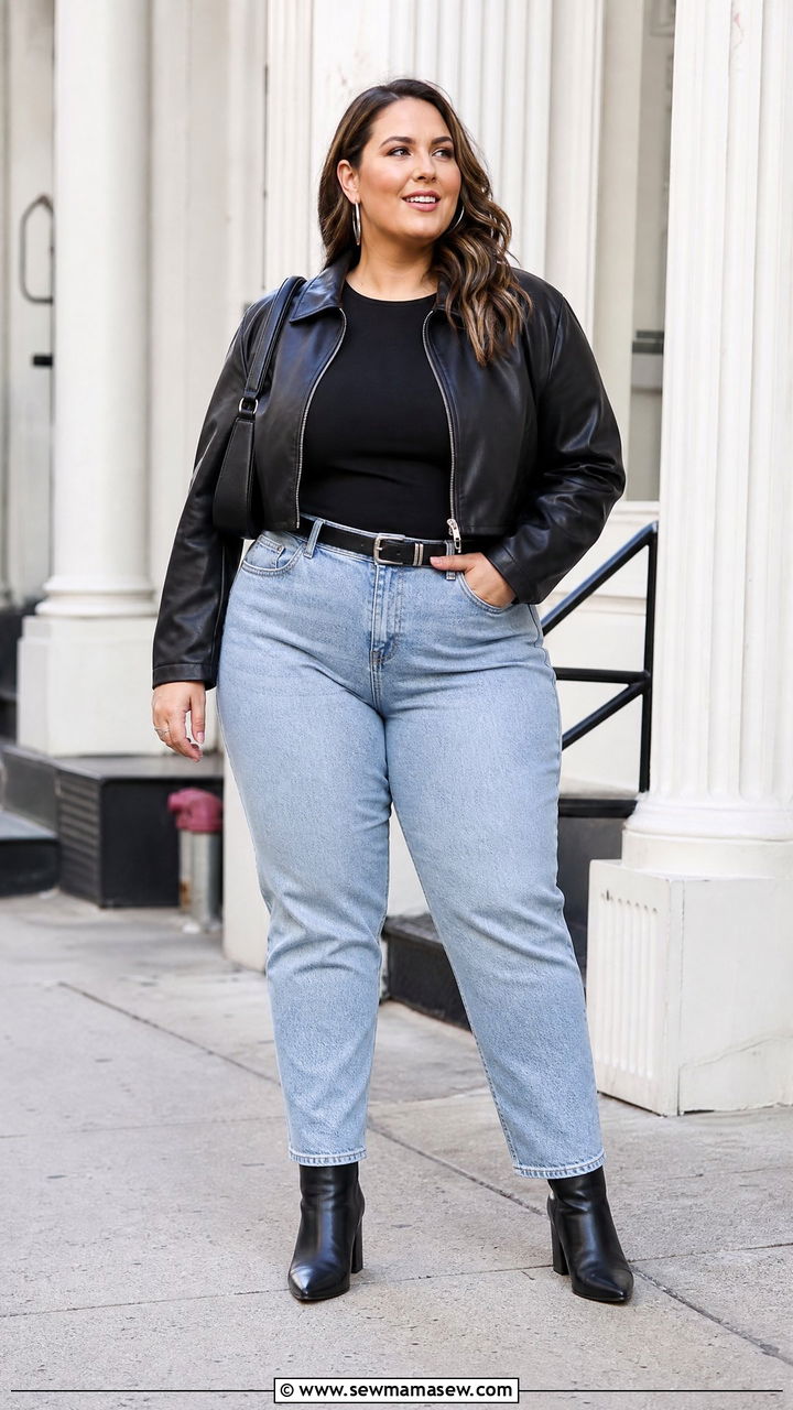 Plus Size Mom Jeans With Leather Jacket - 20 plus size mom jeans outfit ideas