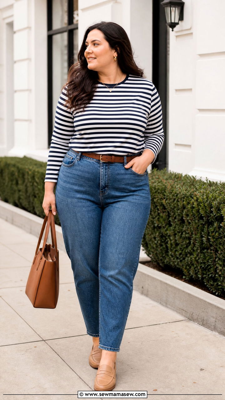 Plus Size Mom Jeans With Striped Shirt - 20 plus size mom jeans outfit ideas