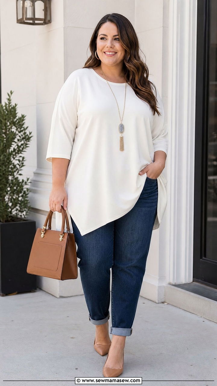 Plus Size Mom Jeans With Tunic Top - 20 plus size mom jeans outfit ideas