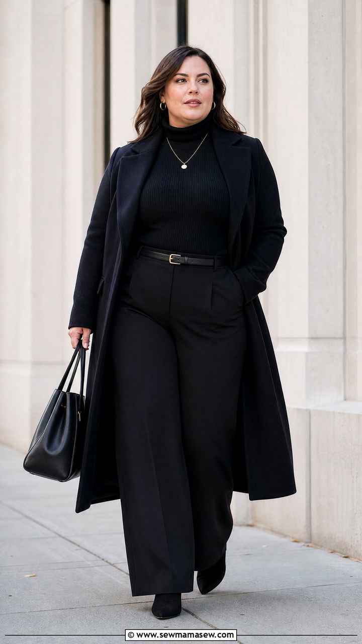 Plus Size Monochrome Black Work Outfit - 20 plus size winter outfit ideas for work