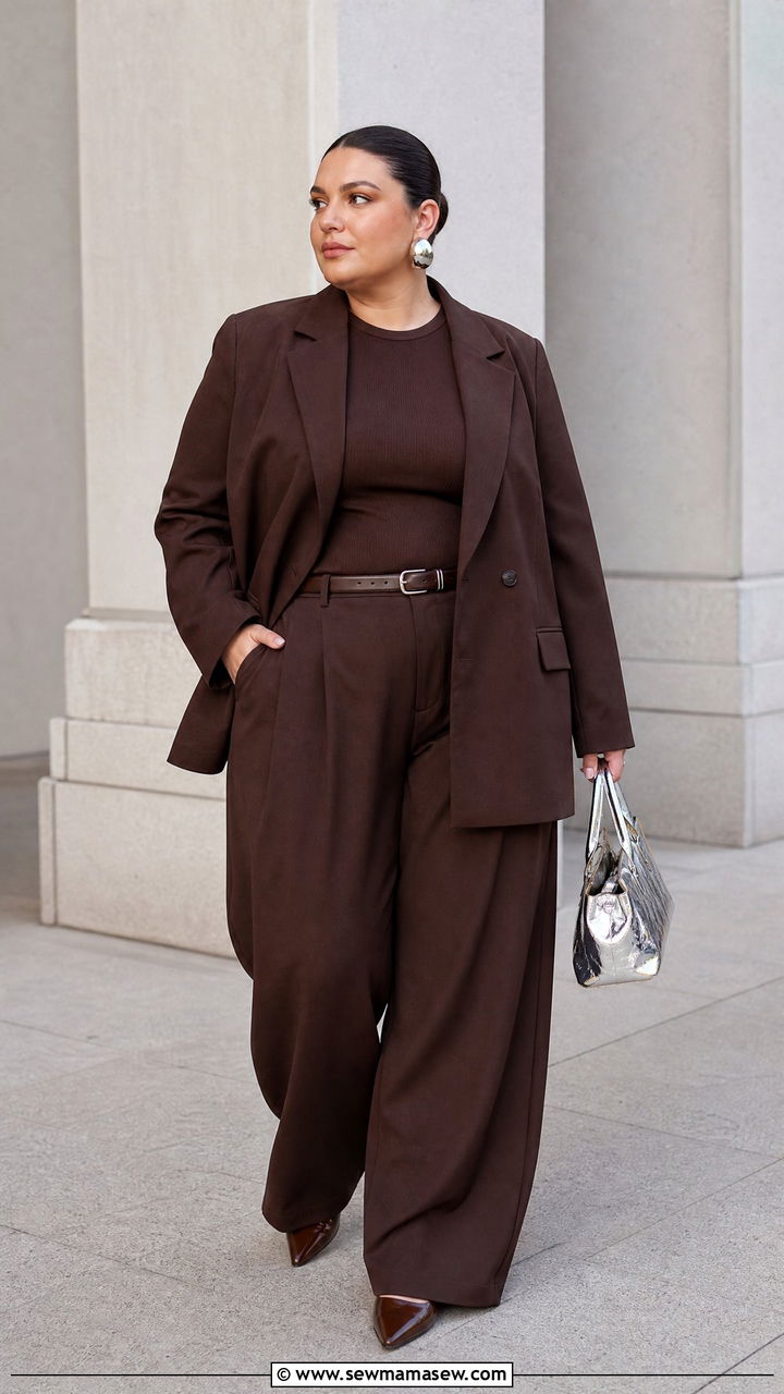 Plus Size Monochrome Blazer Top With Matching Pants - 20 plus size blazer top outfit ideas