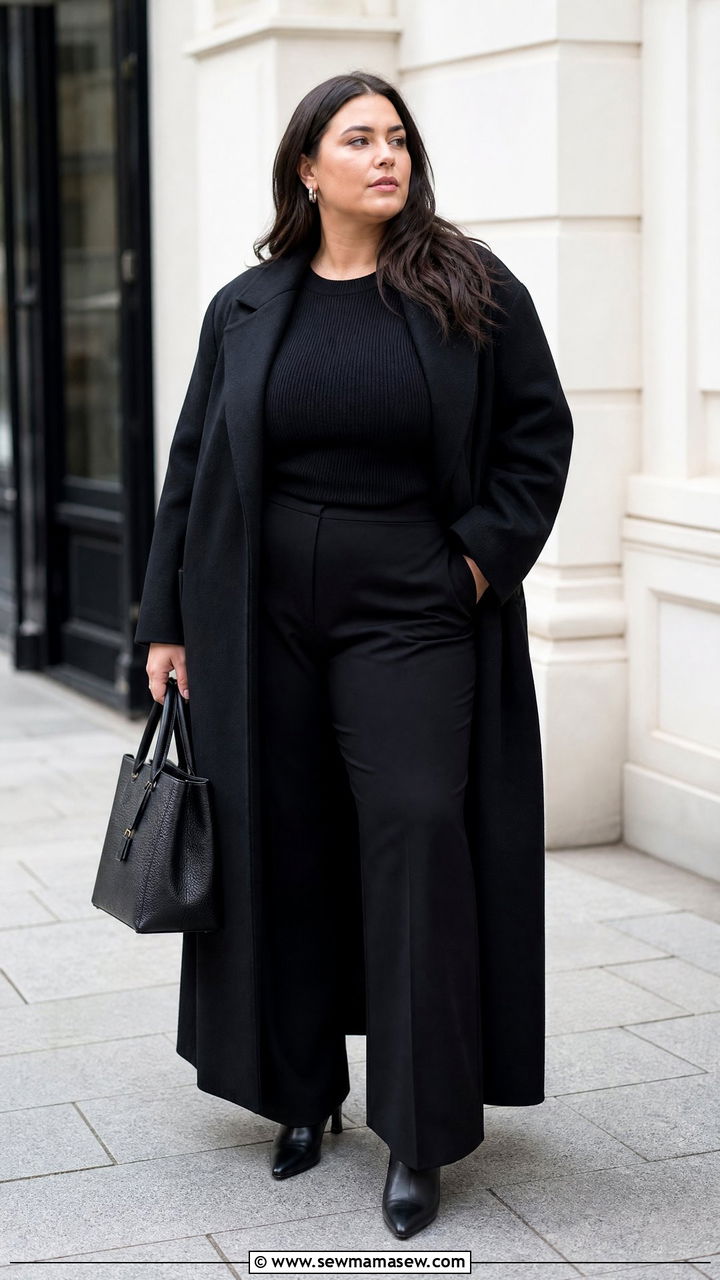 Plus Size Monochrome Outfit With Long Coat - 20 plus size layering outfit ideas