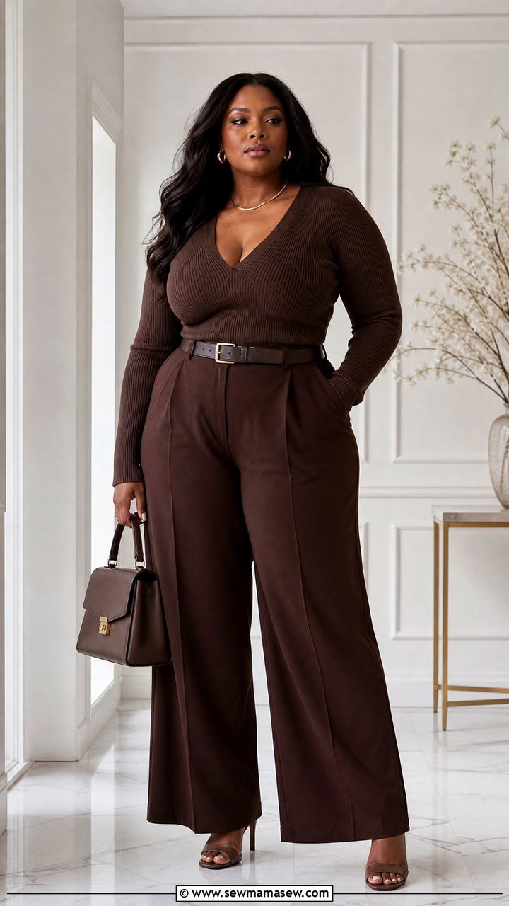 Plus Size Monochrome Outfit With Wide Leg Pants - 20 plus size outfits for inverted triangle shape