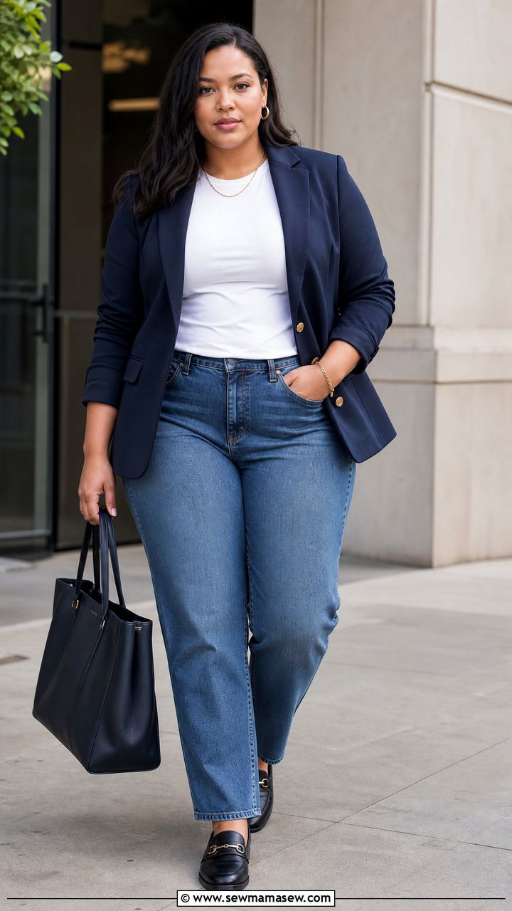 Plus Size Navy Blazer And Jeans Outfit - 20 plus size blue outfit ideas
