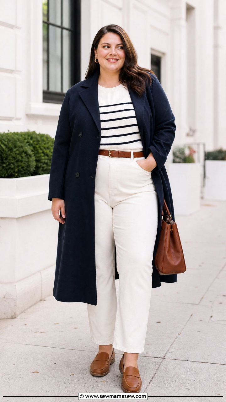 Plus Size Navy Long Coat With White Jeans - 20 plus size long coat outfit ideas