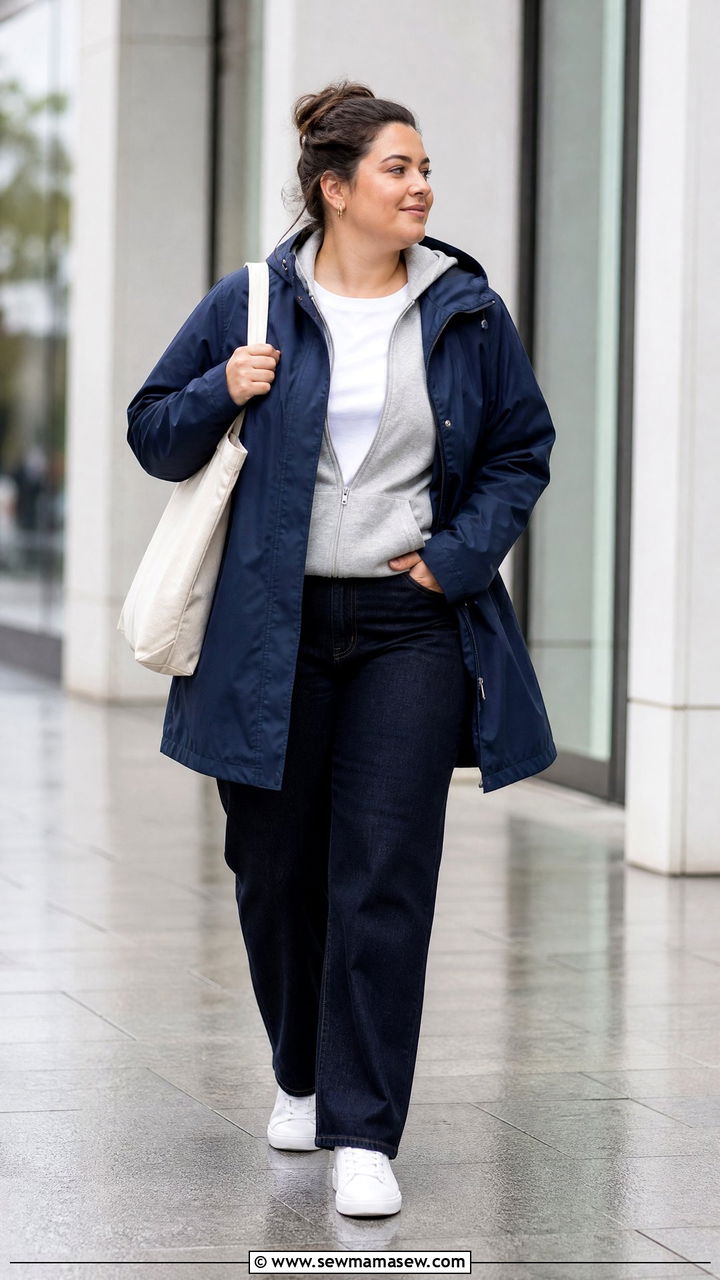 Plus Size Navy Raincoat With White Sneakers - 20 plus size raincoat outfit ideas