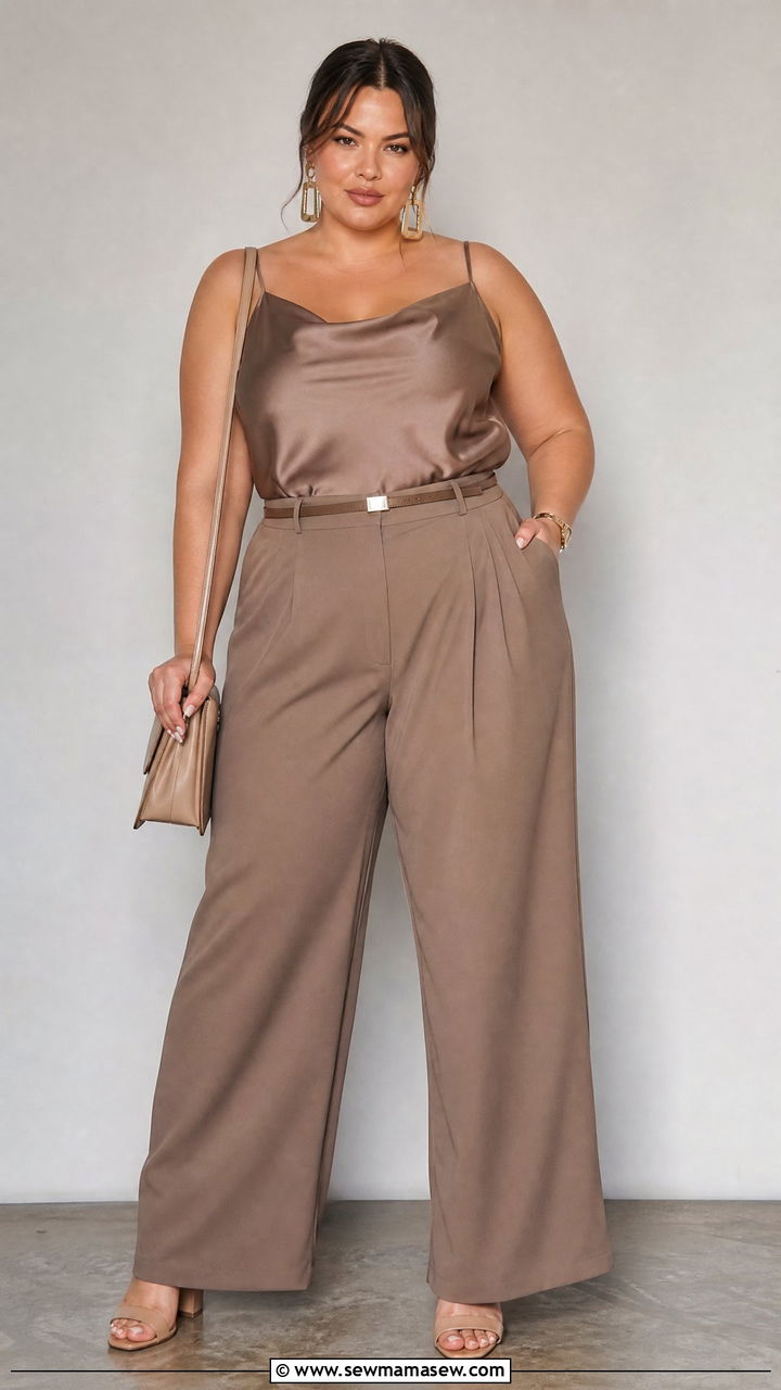 Plus Size Neutral Cami Top With Matching Pants - 20 plus size going out cami top outfit ideas