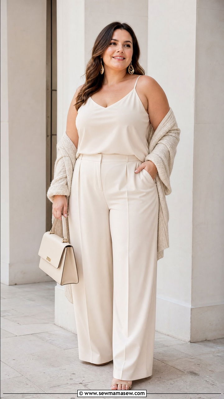 Plus Size Neutral Camisole Top With Monochrome Outfit - 20 plus size camisole top outfit ideas