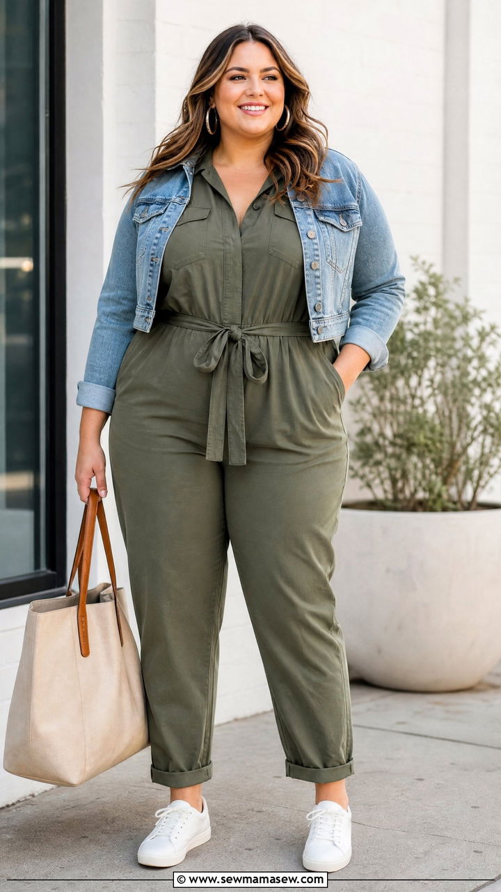 Plus Size Neutral Jumpsuit And Denim Jacket Outfit - 20 plus size neutral outfit ideas