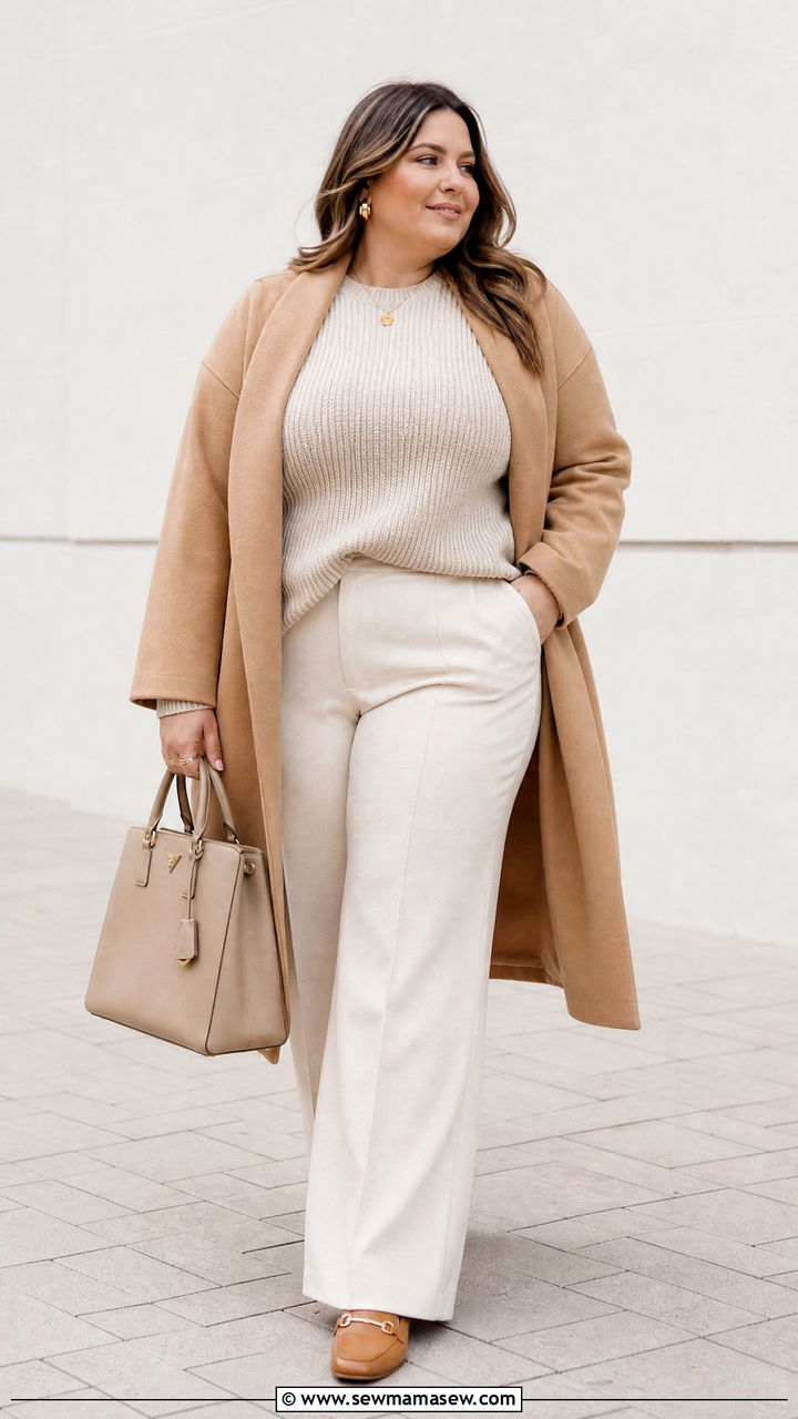 Plus Size Neutral Sweater And Cream Pants Outfit - 20 plus size cozy sweater outfit ideas