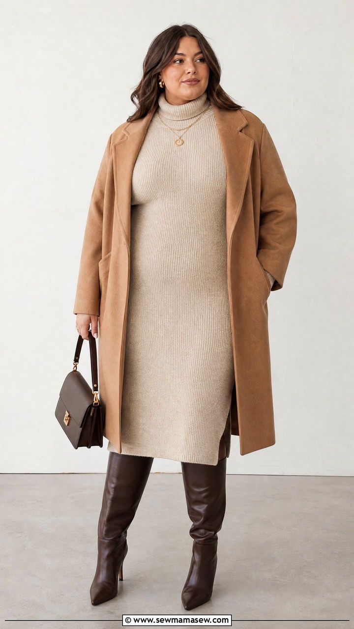 Plus Size Oatmeal Sweater Dress Outfit - 20 plus size earth tone outfit ideas