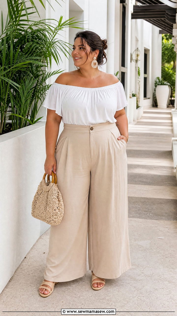 Plus Size Off Shoulder Blouse With Palazzo Pants - 20 plus size blouse outfit ideas