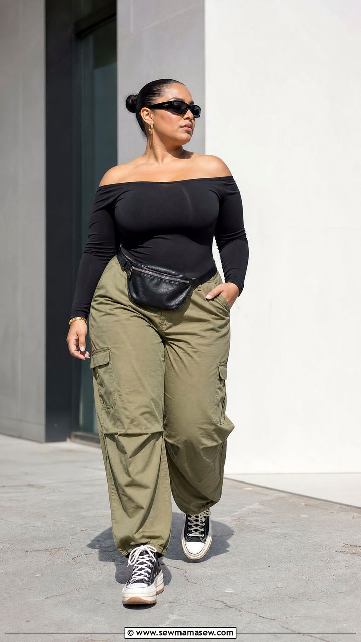 Plus Size Off Shoulder Bodysuit With Cargo Pants - 20 plus size summer off shoulder top outfit ideas