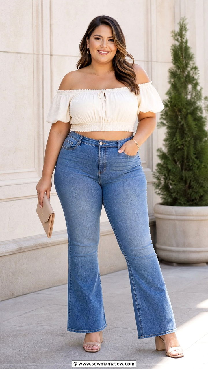 Plus Size Off Shoulder Crop Top And High Waisted Jeans Outfit - 20 plus size crop top and high waisted jeans outfit ideas