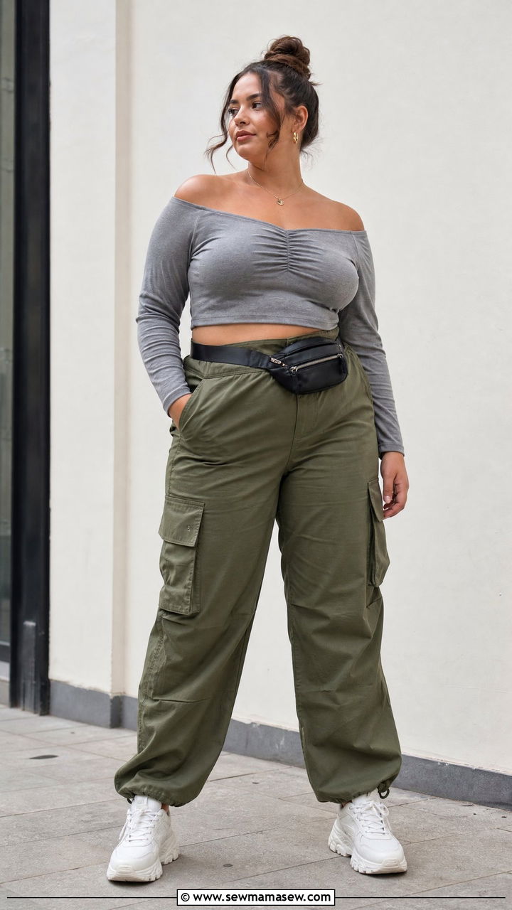 Plus Size Off Shoulder Crop Top With Cargo Pants - 20 plus size off shoulder crop top outfit ideas
