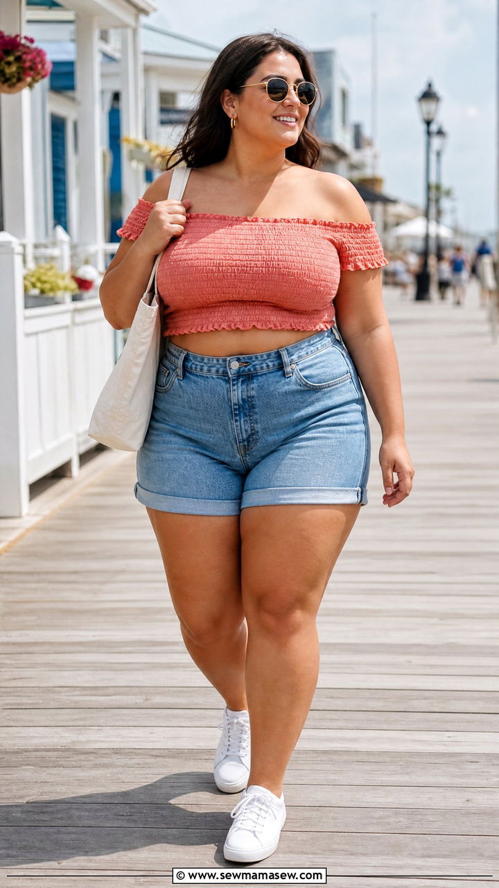 Plus Size Off Shoulder Crop Top With Denim Shorts - 20 plus size off shoulder crop top outfit ideas