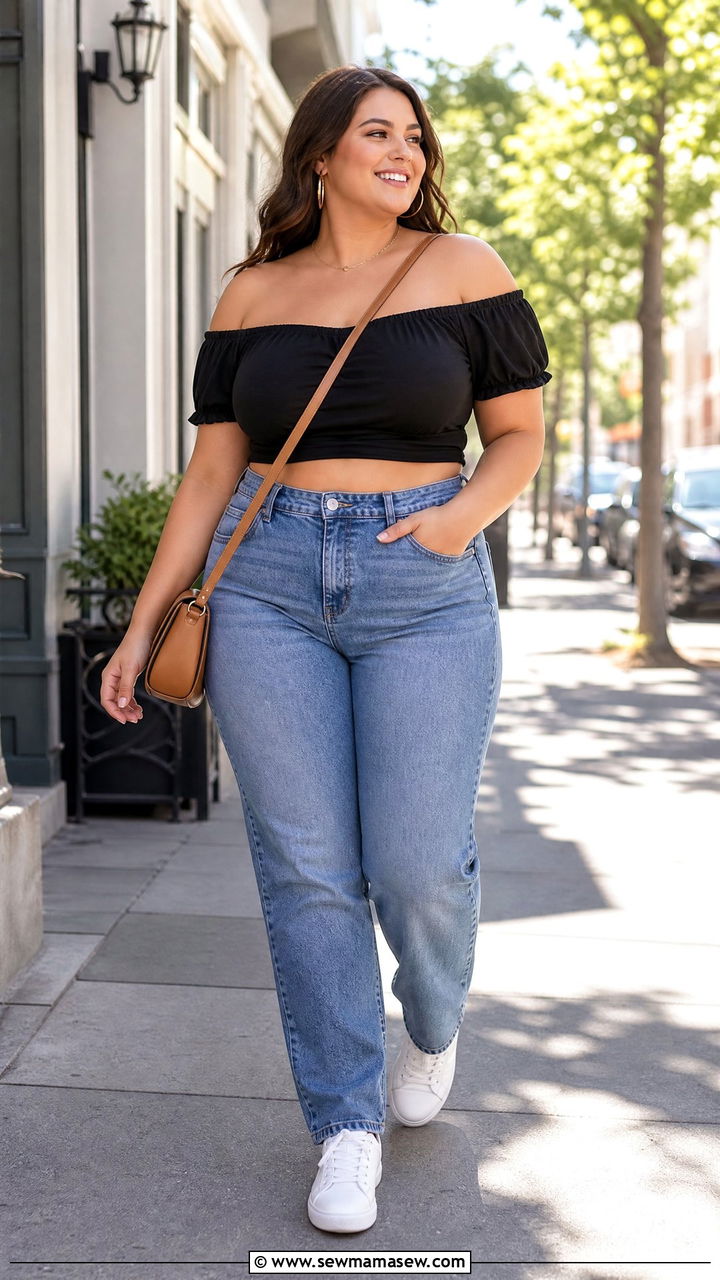 Plus Size Off Shoulder Crop Top With High Waisted Jeans - 20 plus size off shoulder crop top outfit ideas