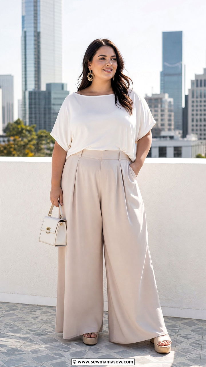 Plus Size Off Shoulder Crop Top With High Waisted Pants - 20 plus size summer off shoulder top outfit ideas