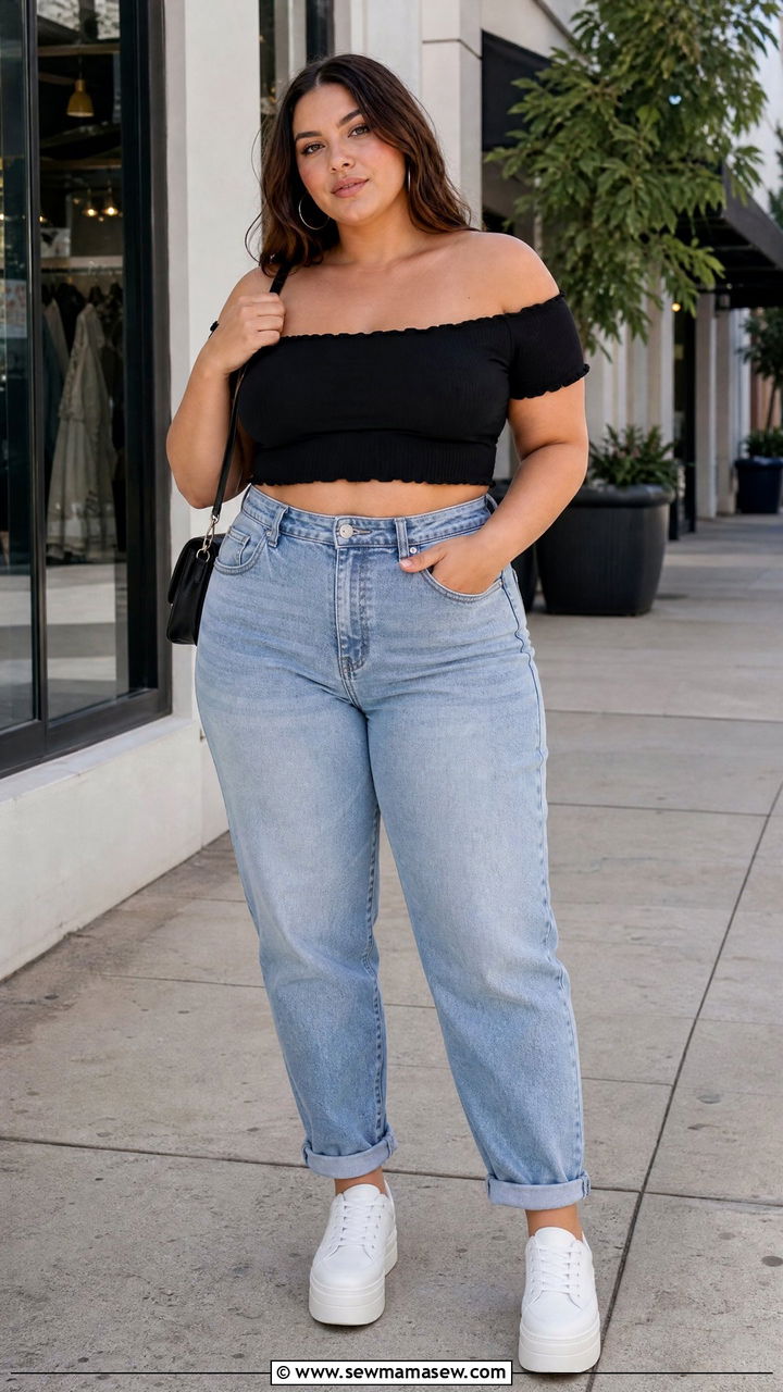 Plus Size Off Shoulder Crop Top With Mom Jeans - 20 plus size casual crop top outfit ideas