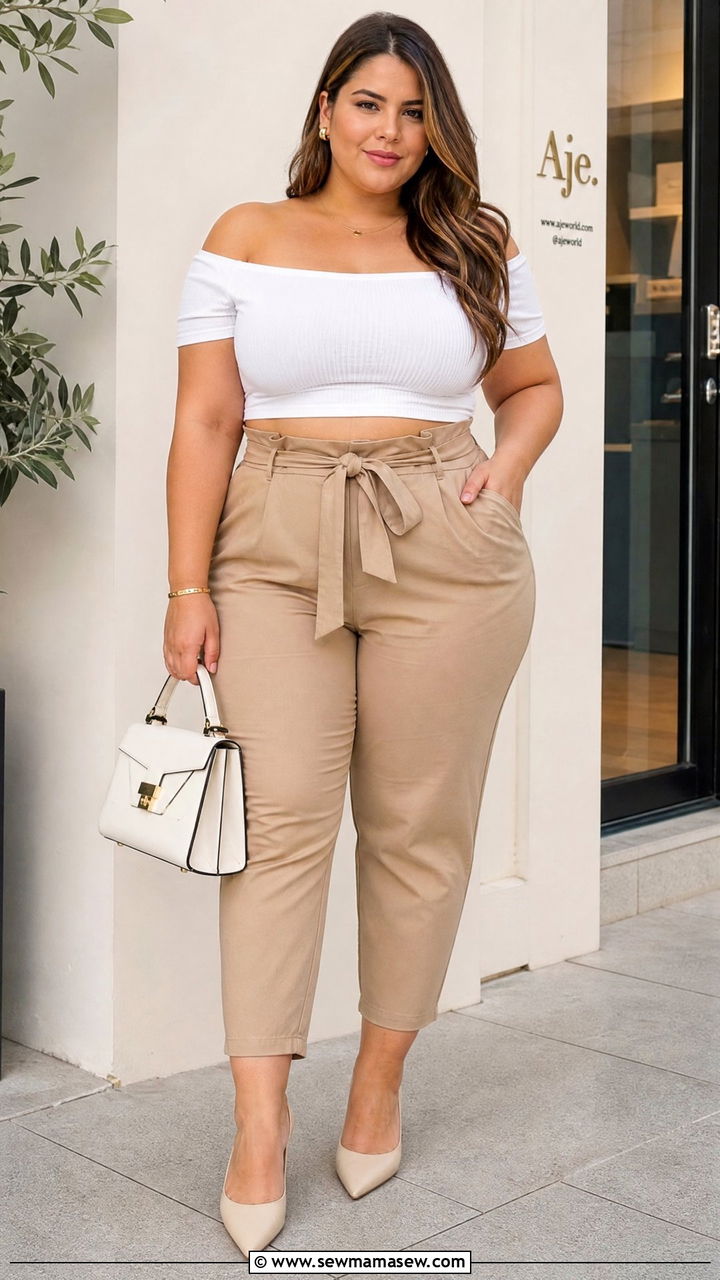 Plus Size Off Shoulder Crop Top With Paperbag Pants - 20 plus size off shoulder crop top outfit ideas