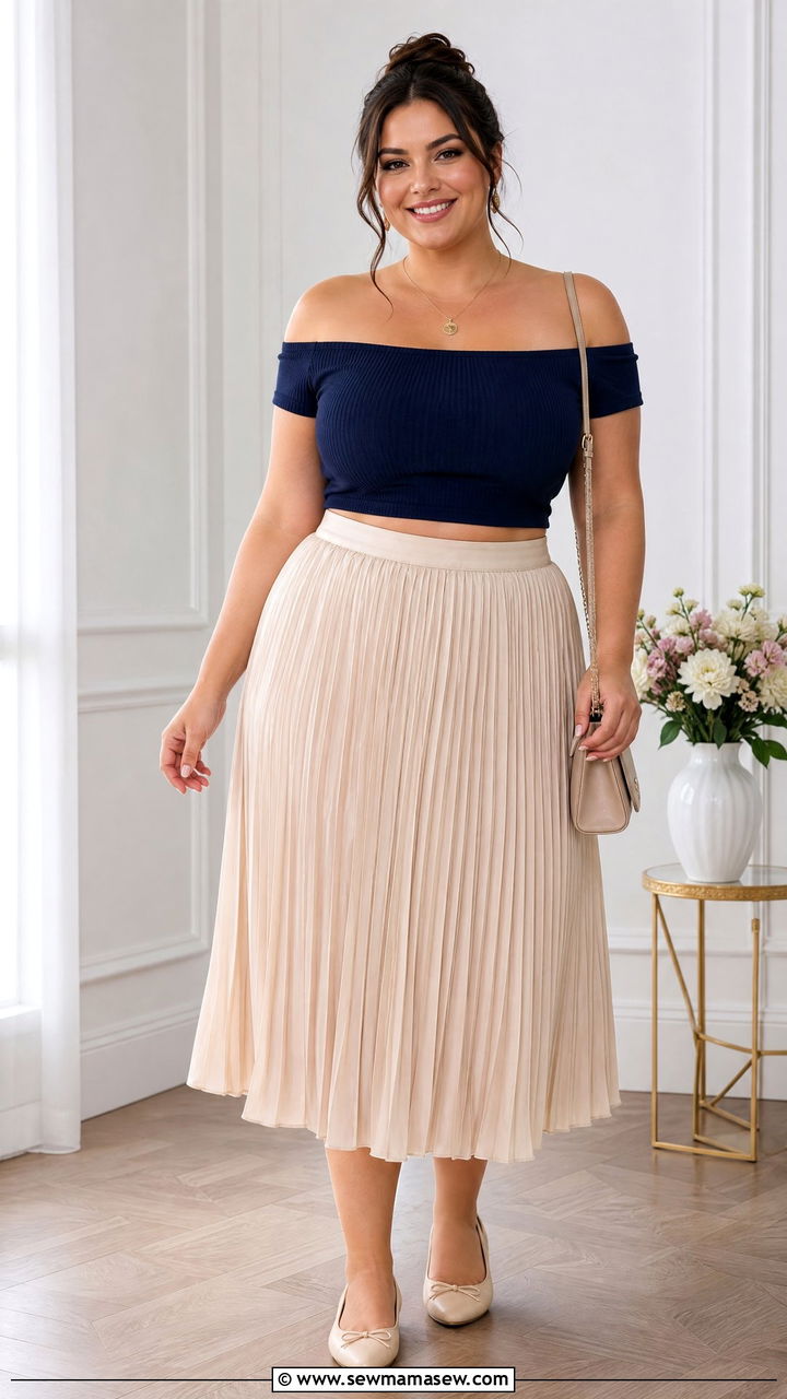 Plus Size Off Shoulder Crop Top With Pleated Skirt - 20 plus size off shoulder crop top outfit ideas