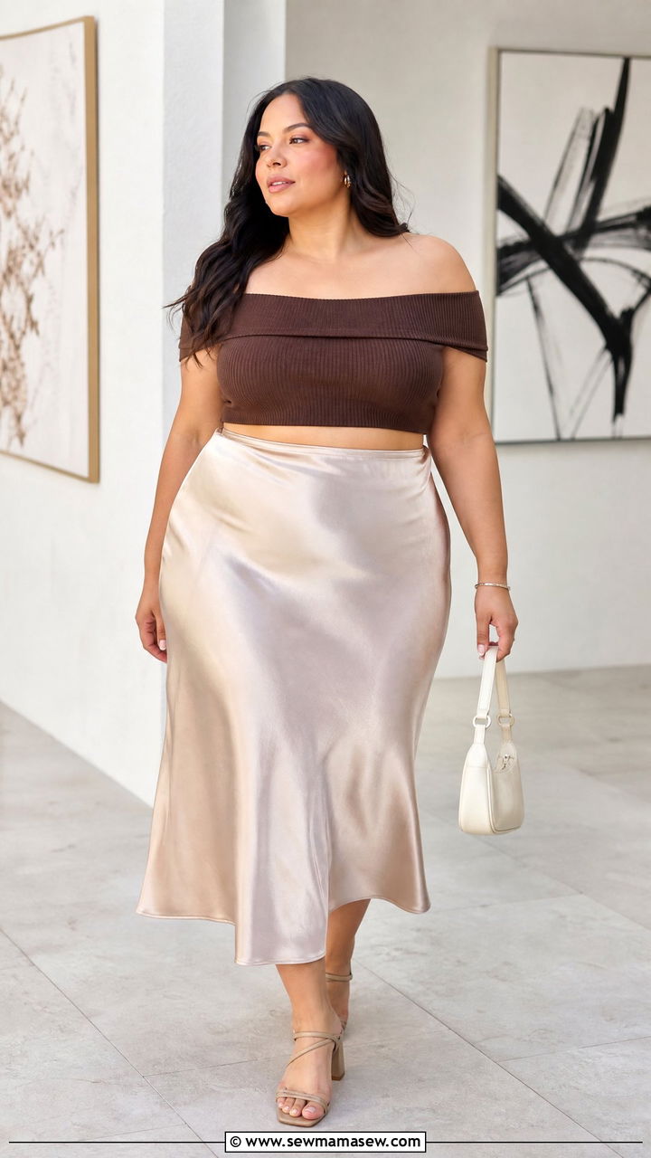 Plus Size Off Shoulder Crop Top With Satin Skirt - 20 plus size off shoulder crop top outfit ideas