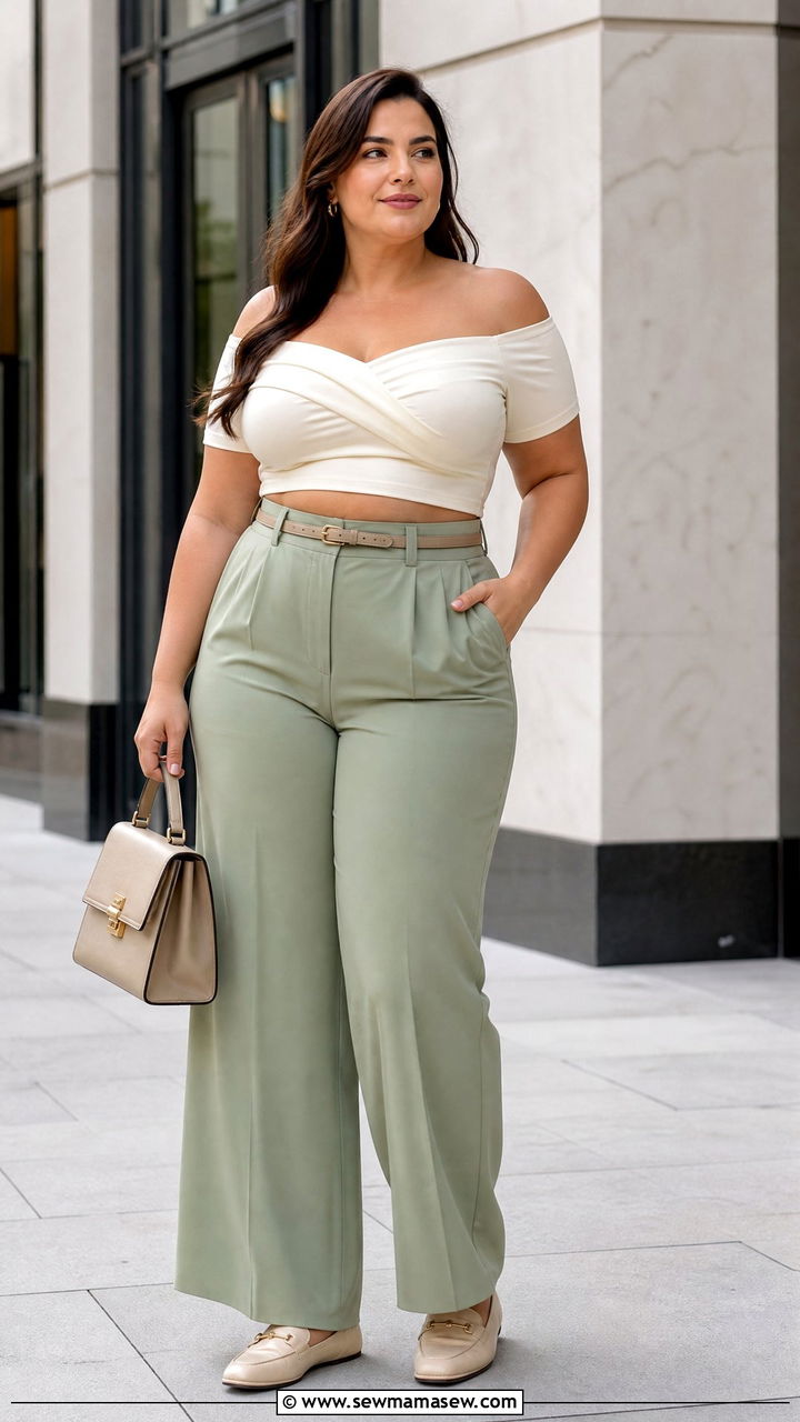 Plus Size Off Shoulder Crop Top With Tailored Trousers - 20 plus size off shoulder crop top outfit ideas