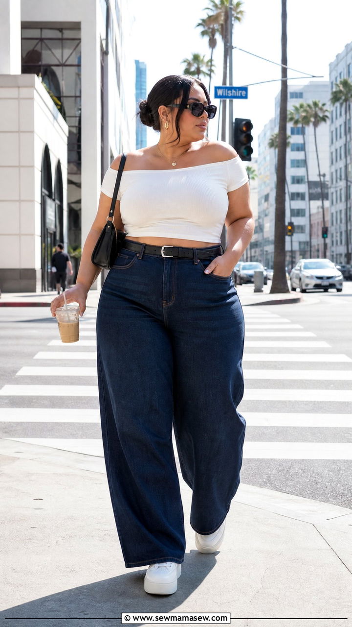 Plus Size Off Shoulder Crop Top With Wide Leg Jeans - 20 plus size off shoulder crop top outfit ideas