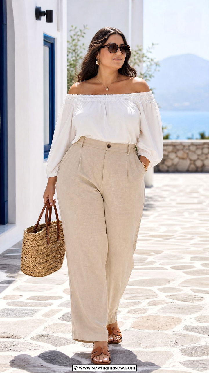 Plus Size Off Shoulder Peasant Blouse With Linen Pants - 20 plus size peasant blouse outfit ideas