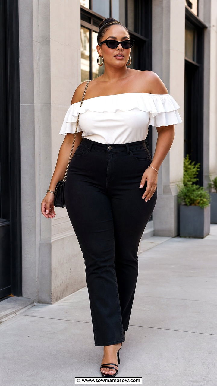 Plus Size Off Shoulder Ruffle Top With Black Jeans - 20 plus size ruffle top outfit ideas