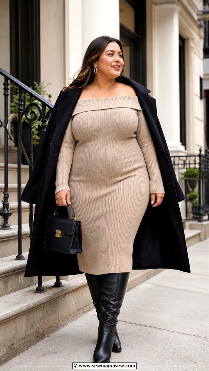 Plus Size Off Shoulder Sweater Dress Outfit - 20 plus size off shoulder dress outfit ideas